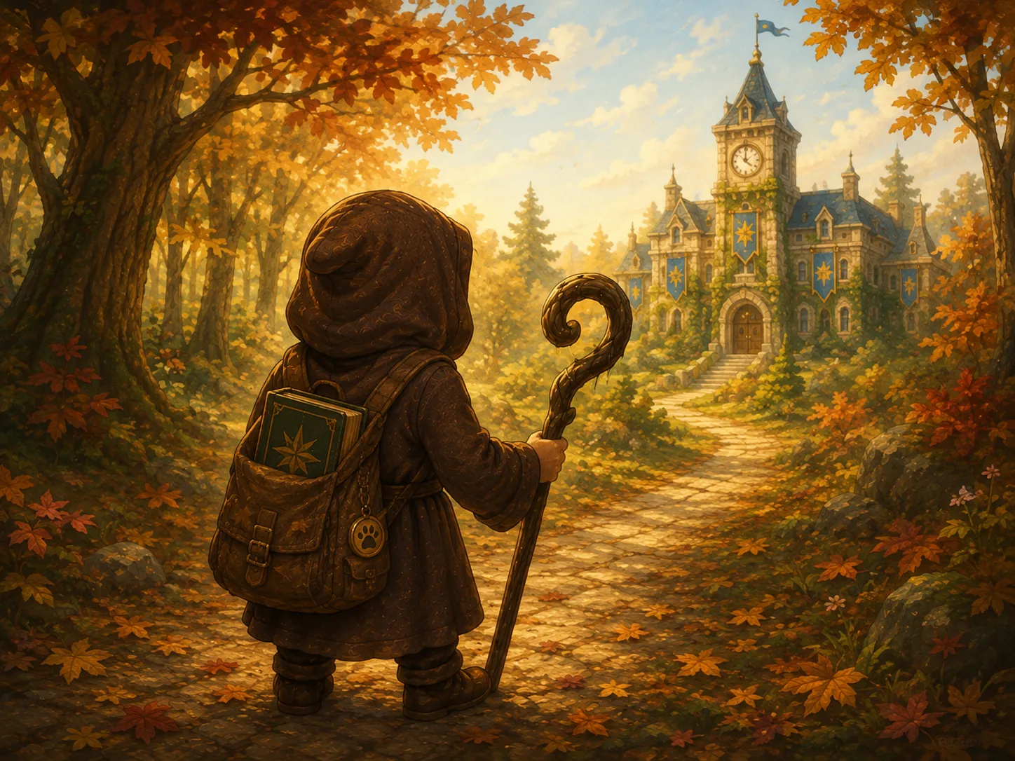 QuestCaster adventurer walking an autumn path back toward school with a backpack and staff