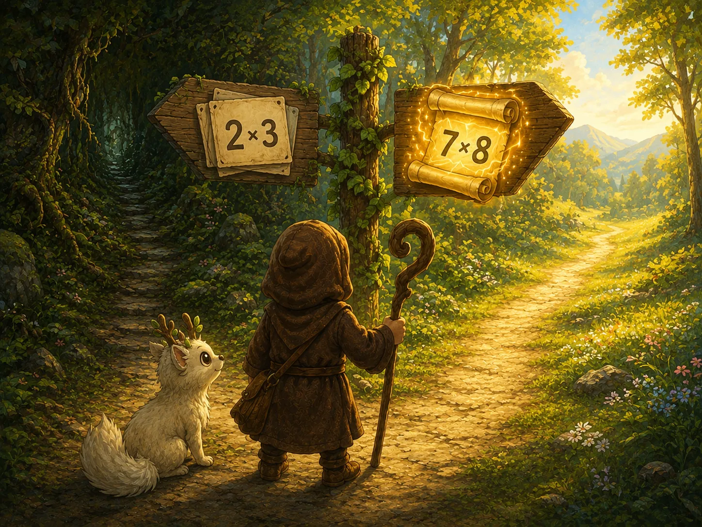 QuestCaster adventurer and companion creature choosing between paths at a forest signpost showing different math practice methods