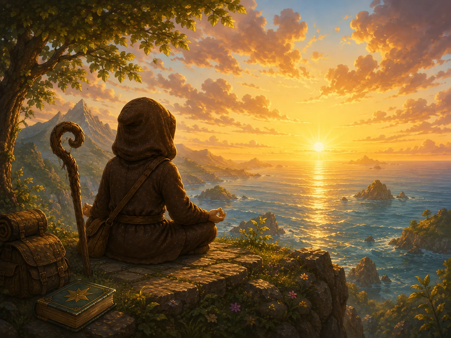 QuestCaster adventurer sitting quietly at sunrise, showing up for practice as a daily routine
