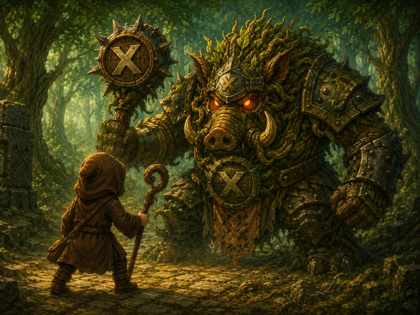 QuestCaster adventurer facing a large armored boss creature marked with multiplication symbols